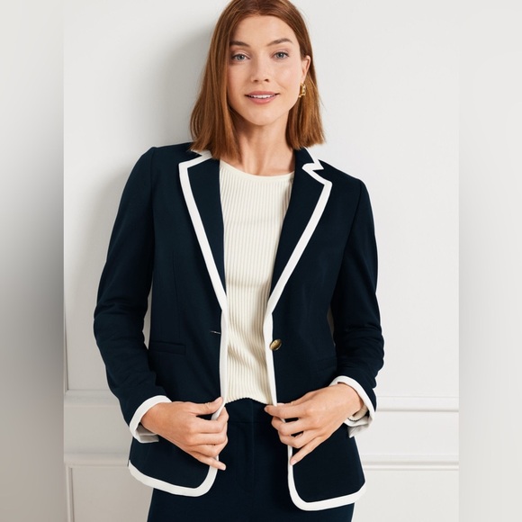 Talbots Womens Luxe Italian Knit Banded Blazer Size 14P Navy Career Old Money - Picture 1 of 10